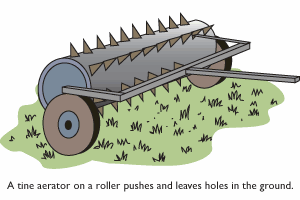 A tine aerator on a roller pushes and leaves holes in the  ground.
